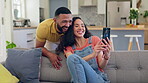 Couple, sofa and greeting on video call in apartment for communication and social talk or smile. Online, wave and cellphone with man and woman in living room with laughter or conversation, happiness.