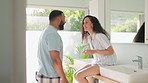 Pregnancy test, bathroom and happy couple hug, celebration and smile for baby news, results and family growth. Love, happiness and pregnant woman, excited man or home people celebrate IVF success