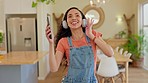 Home, dance and woman with a smartphone, headphones and listening to music with stress relief, happiness and joy. Female person, dancer and girl with headset, cellphone or streaming audio with sounds