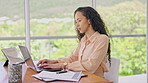 Woman, working and typing on laptop in home office for digital planning, online research or administration. Female employee, focus or connection on computer for email, internet and technology at desk