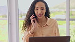 Phone call, laptop and business woman for virtual support, networking and career advice, helping or communication. Ideas, information and person or employee with mobile support in office on computer