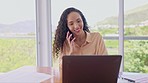 Answer call, laptop and business woman for networking, support and advice or communication in office. Planning, conversation and multimedia of african person talking on phone, computer or happy chat