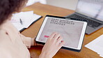 Hands, tablet and woman on screen with a business strategy, research and planning startup with online, website and internet. Businesswoman, scrolling and person in office on mobile app to plan