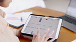 Hands, tablet and woman on screen with data, graph and analysis of business, report or market research information. Scrolling, charts and person with numbers, statistic and analytics of progress