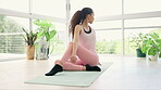 Yoga, stretching and woman in home for exercise, flexibility or training. Pilates, fitness and female person warm up for wellness, workout and healthy body, holistic practice and meditation in house.