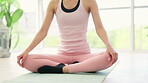 Yoga, meditation and woman in home studio for zen fitness, exercise and mindfulness, breathing and calm or peace. Meditation, breathe and person on floor in health, holistic training or body wellness