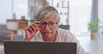 Business, thinking and senior woman confused, laptop and anxiety in a modern office, glitch and error. Mature lady, female person and employee with a pc, glasses and doubt with deadline and focus