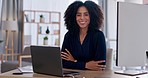 Success, technology and businesswoman with crossed arms in the office while working on project. Happy, confidence and portrait of professional female lawyer doing legal research for case in workplace