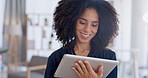 Technology, businesswoman with tablet and happy in a modern workplace office. Online communication or connectivity, social networking and female person typing an email at workstation with smile