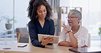 Review, feedback and teamwork, women with tablet in discussion on project management proposal with manager. Opinion, online planning and brainstorming, woman mentor with employee at start up office.