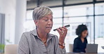 Phone call, business and senior woman talking to customer, client or consulting in conversation, communication or discussion. Businesswoman, explain or consultant for crm, b2b and advice for person