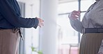 Fist bump, hand shake and business people with welcome, hello or congratulation gesture in office. Work, friends and shaking hands in support of b2b deal, onboarding or success celebration at startup