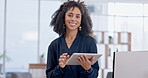 Tablet, woman and face of designer for business in office, working and typing email in startup. Technology, portrait and smile of African professional on internet for research, web app and online.