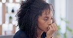 Mental health, woman with stress and psychotherapy office for depression or anxiety biting her nails. Fear or psychology, therapy and young female person overwhelmed or confused facial expression 