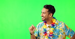 Man, hand and portrait on green screen for vacation, holiday or travel for checklist or bucket list. Happy asian male with hands to check goals, advertising or promo for Hawaii with flowers on neck