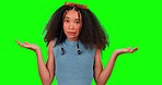 Doubt, shrug and woman in a studio with green screen and a oops, uncertain and mistake expression. Confused, unsure and portrait of a female model with a dont know gesture by a chroma key background.