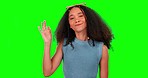 Green screen, woman face and perfect hand sign in support or agreement, vote or review on studio background. Portrait, smile and emoji hand by lady with ok, yes or approval gesture, like or thank you