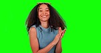 Face, applause and woman in green screen studio for motivation, good job and success on mockup background. Portrait, happy and female person clapping hands in support of promotion, news or praise
