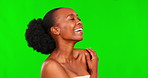 Green screen face, beauty and happy black woman feeling soft skin results of cosmetics treatment, wellness or spa routine. Chroma key portrait, African skincare and person smile on studio background