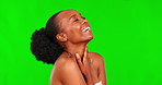 Green screen face, skincare and happy black woman feeling smooth skin results of cosmetic treatment, makeup or spa routine. Chroma key dermatology, salon beauty or African person on studio background