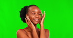 Green screen smile, face makeup and black woman feeling soft skin from cosmetics treatment, facial skincare or spa routine. Chroma key wellness, collagen and African person smile on studio background