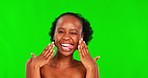 Green screen beauty face, tongue out and laughing black woman with funny facial expression, cosmetics and makeup. Chroma key portrait, skincare wellness and comic emoji person on studio background