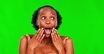 Green screen beauty, happy face and black woman surprise with cosmetics foundation, wellness notification or skincare. Chroma key makeup, wow facial skincare and shocked person on studio background