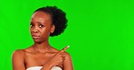 Green screen black woman, beauty face and pointing at wrong cosmetics product, makeup disagreement or no opinion. Chroma key portrait, skincare commercial and person shake finger on studio background