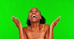 Green screen face, beauty and black woman excited over cosmetics treatment, natural facial makeup or spa results. Chroma key energy, African skincare and happy foundation person on studio background