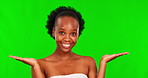 Green screen, beauty face and happy black woman comparison, spa cosmetics decision or scale balance of makeup. Chroma key portrait, skincare choice mockup and person palm gesture on studio background