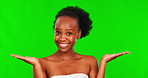 Green screen makeup, happy face and black woman comparison, self care decision or scale balance of foundation. Chroma key portrait, collagen choice mockup and person palm gesture on studio background