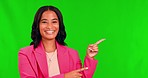 Woman, face and pointing at presentation, green screen and advertising with branding on studio background. Information, opportunity and news, female person and portrait, marketing and mockup space 