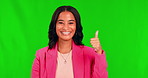 Thumbs up, green screen and portrait of business woman agree, accept and isolated in a studio background. Smile, happy and young employee showing thank you, yes and agreement sign or gesture