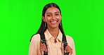 Green screen, happy Indian girl or face of student excited for school success on studio background. Portrait, future or female pupil with smile, knowledge or college education for growth development