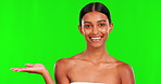 Green screen, face or hand of Indian woman for beauty product in studio for wellness or advertising. Portrait, happy girl or model showing mockup space for skincare, cosmetics or natural self care
