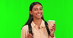 Green screen, girl or portrait of student with coffee or bag for school knowledge, growth or success. Face, learning or Happy female pupil with knowledge, smile or college education on a school break