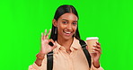 Green screen, girl or portrait of happy student with okay sign, smile or bag for school success or growth. Face, coffee or excited female pupil with a good hand gesture to approve a college education