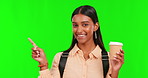 Green screen, happy girl or face of student pointing school scholarship or university choice on mockup.space. Portrait, coffee or pupil with smile showing college education, school or future goal 
