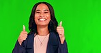 Thumbs up, face and happy woman in green screen studio with hand, sign and thank you mockup background. Smile, portrait and lady with finger emoji for yes, vote or positive review, feedback or agree
