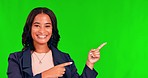 Green screen, hand pointing and face of happy woman in studio with news, announcement or coming soon deal. Smile, promotion and portrait of lady person show review or information on mockup background