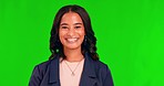 Happy, wink and face of a woman on a green screen, laughing and confident with mockup. Smile, corporate and portrait of a young employee winking for pride isolated on a studio background with space