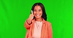 Face, thumbs up and happy woman in green screen studio with hand, sign and thank you mockup background. Smile, portrait and lady with finger emoji for yes, vote or positive review, feedback or agree