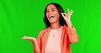 Happy woman, marketing and OK on green screen, yes or like emoji with brand, face and smile on studio background. Agreement, hand gesture and female person in portrait, advertising and mockup space 