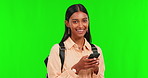 Green screen, social media or portrait of girl student with a phone for communication or online chat at college. University, face or happy female pupil typing on mobile app to learn school research 