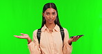 Green screen, no or portrait of girl student with a phone for communication choice or online decision. Hands, refuse or face of school pupil with mobile connection 404 error, stop or network option 