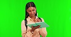 Green screen, woman and student writing, ideas and inspiration with knowledge, schedule and motivation on a studio background. Female person, notebook and girl with creativity, planning and journal