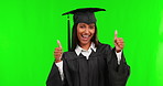 Thank you, woman student with thumbs up and graduation happy against a green screen. Congratulations or achievement, mockup space or graduate and female person celebrating for success with a smile 