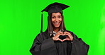 Happy woman, graduate and heart hands on green screen for love or compassion against a studio background. Portrait of female person or student with loving emoji, sign or shape symbol on mockup space