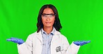 Green screen, choice and face of woman scientist in studio with medical, option or decision on mockup background. Doctor, portrait and lady health expert with questions or hands for why or comparison