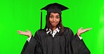 Woman, graduate and palm in choice on green screen for decision against a studio background. Portrait of female person or student with hands out in question, choose or selection on mockup space